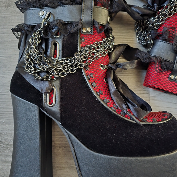Demonia Black and Red Heeled Boots with Chains - Picture 2 of 7
